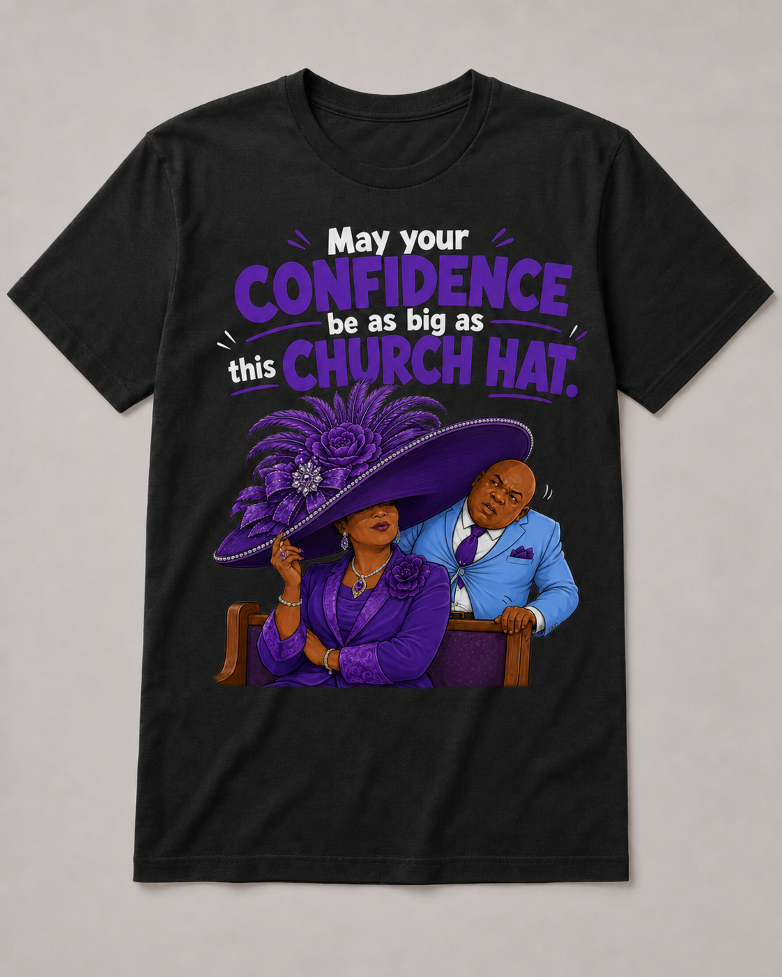 Funny church hat confidence graphic t-shirt in black with purple church humor art