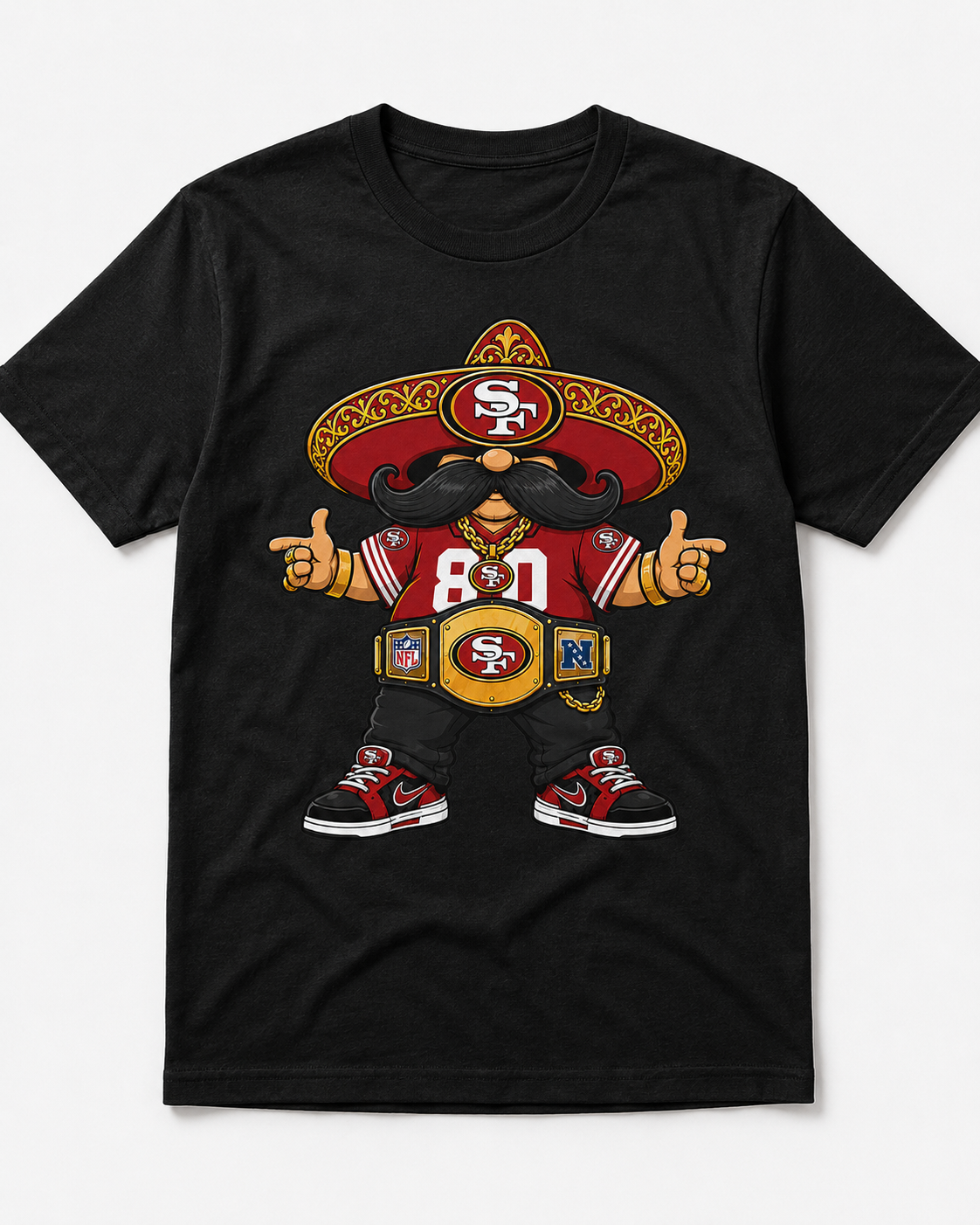 Red and gold Bay Area football fiesta champion sombrero character graphic on black shirt