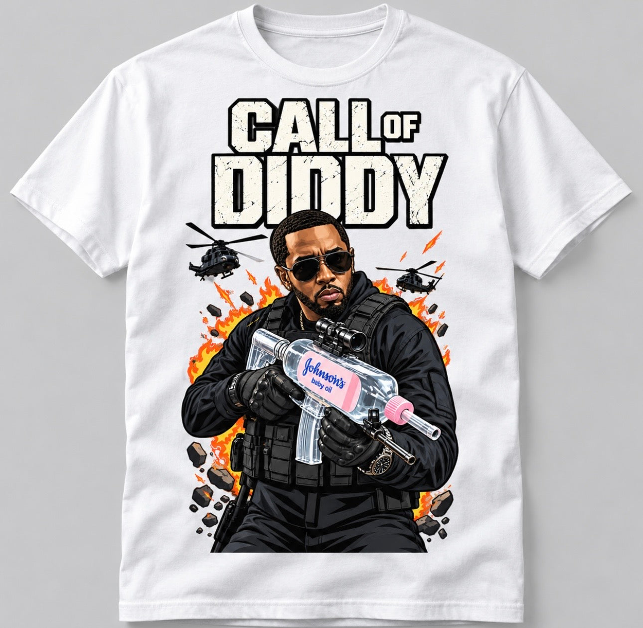 White graphic T-shirt featuring tactical cartoon parody art with a bottle blaster, two helicopters and bright flames
