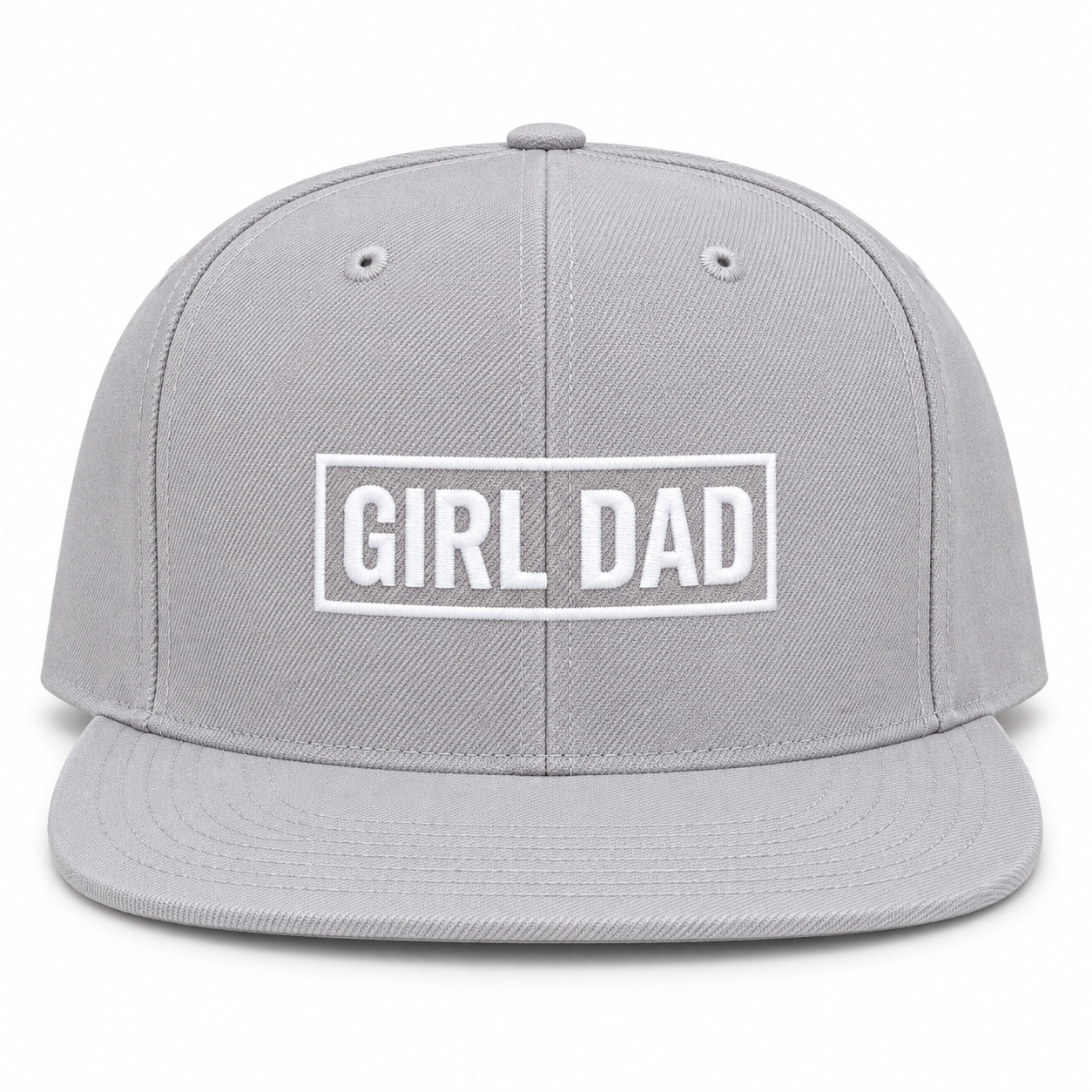 Front view of gray flat-brim snapback hat with white embroidered GIRL DAD lettering in a rectangular border