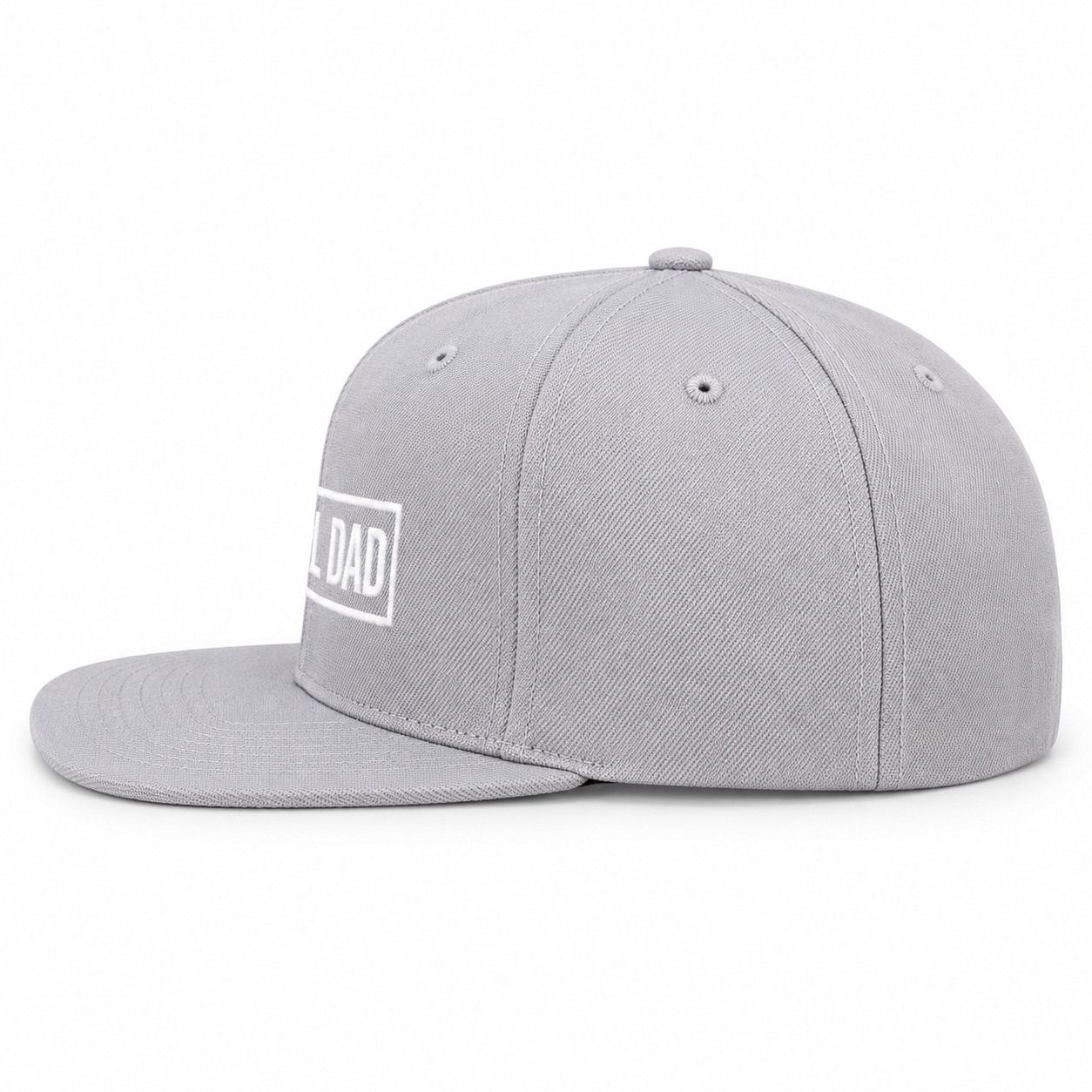 Side profile of gray structured snapback cap showing six-panel stitching and flat brim