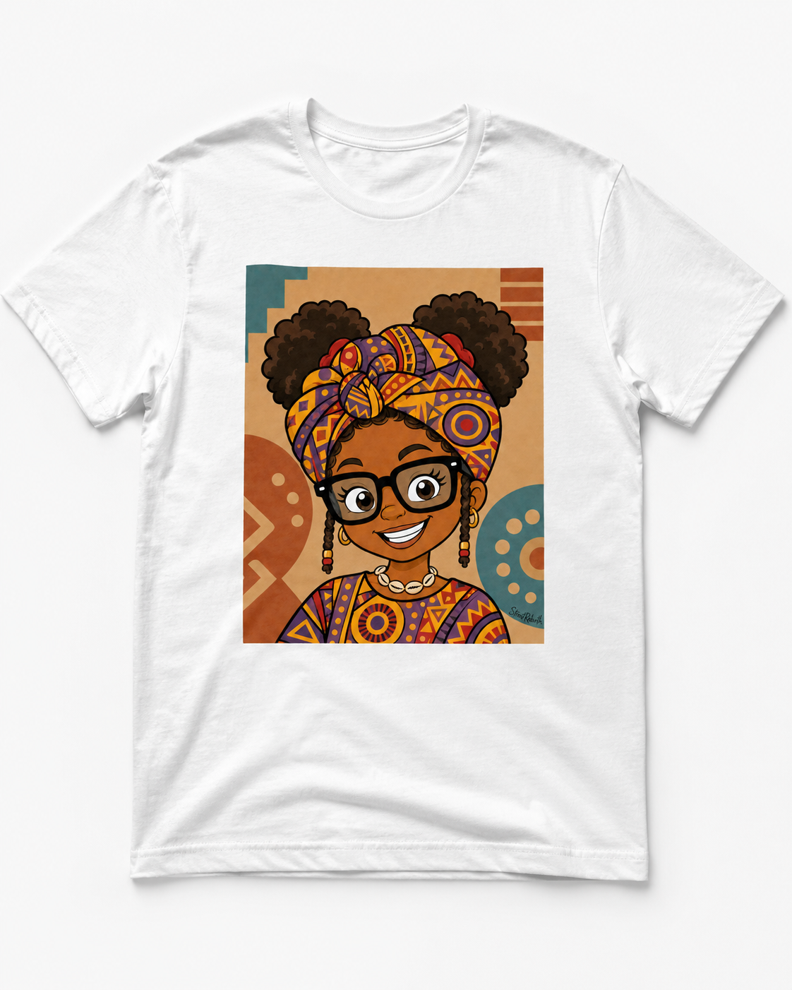 Heritage headwrap afro puff Black girl portrait graphic on white t-shirt