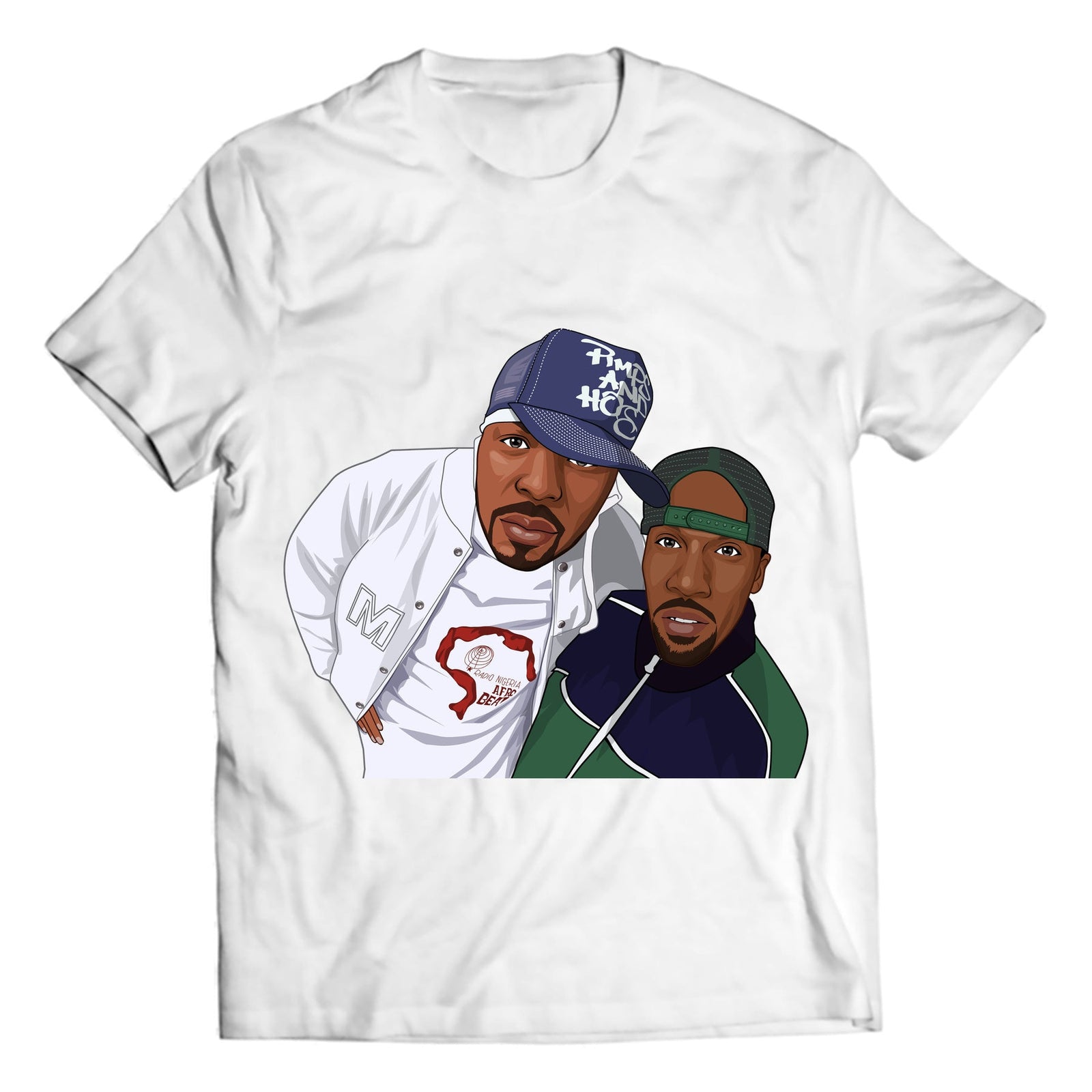 Classic old-school hip hop duo in caps and varsity streetwear on a white crewneck graphic T-shirt, studio flat-lay mockup