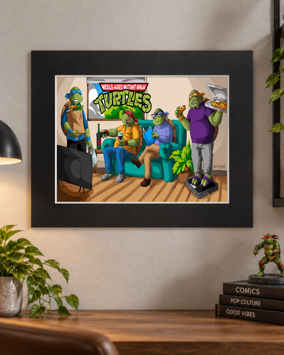 16x20 horizontal turtle crew cartoon wall art with black matte border displayed on a neutral wall in a cozy modern room