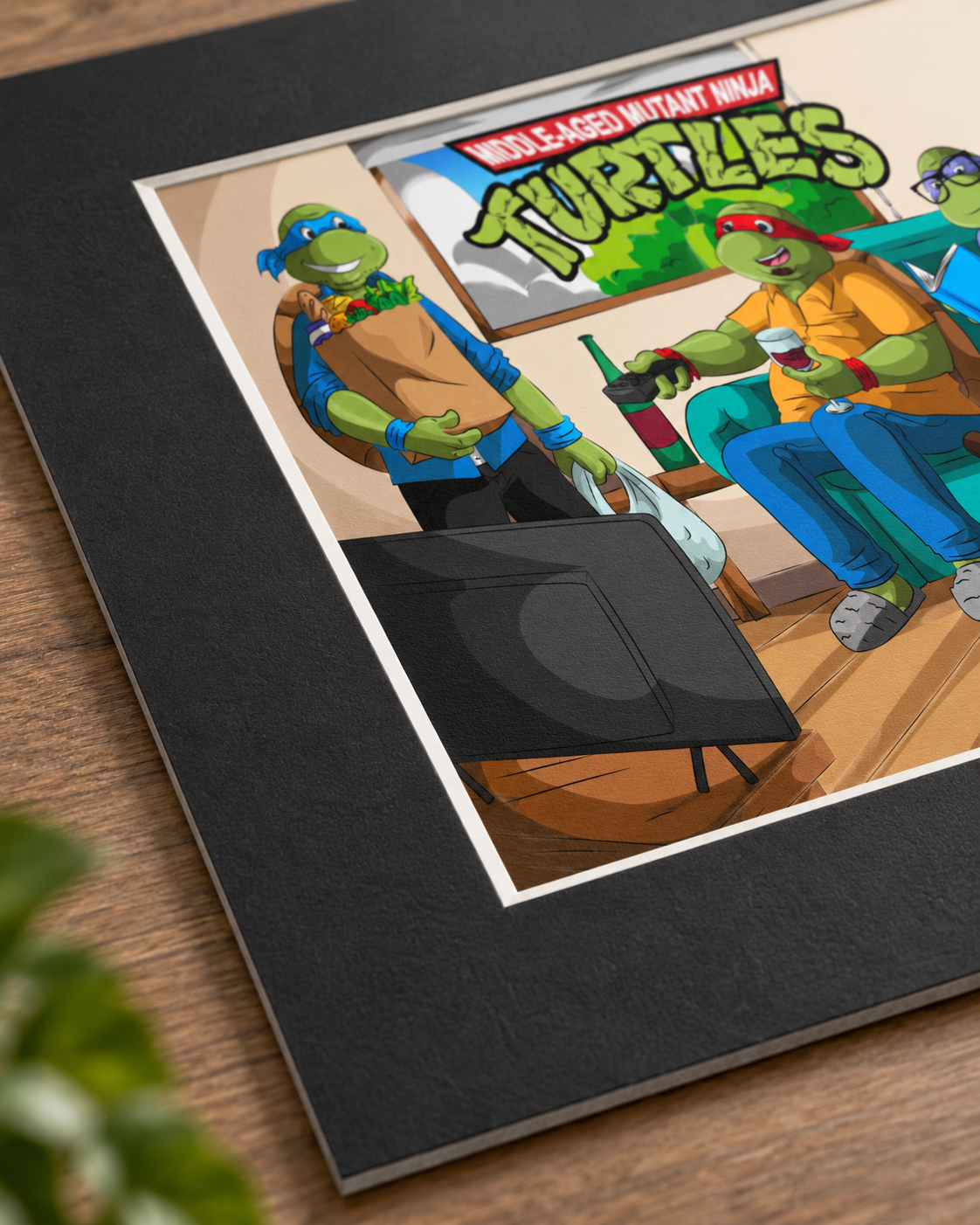Close-up of textured black matte board and thin white inner bevel around a colorful retro cartoon turtle art print