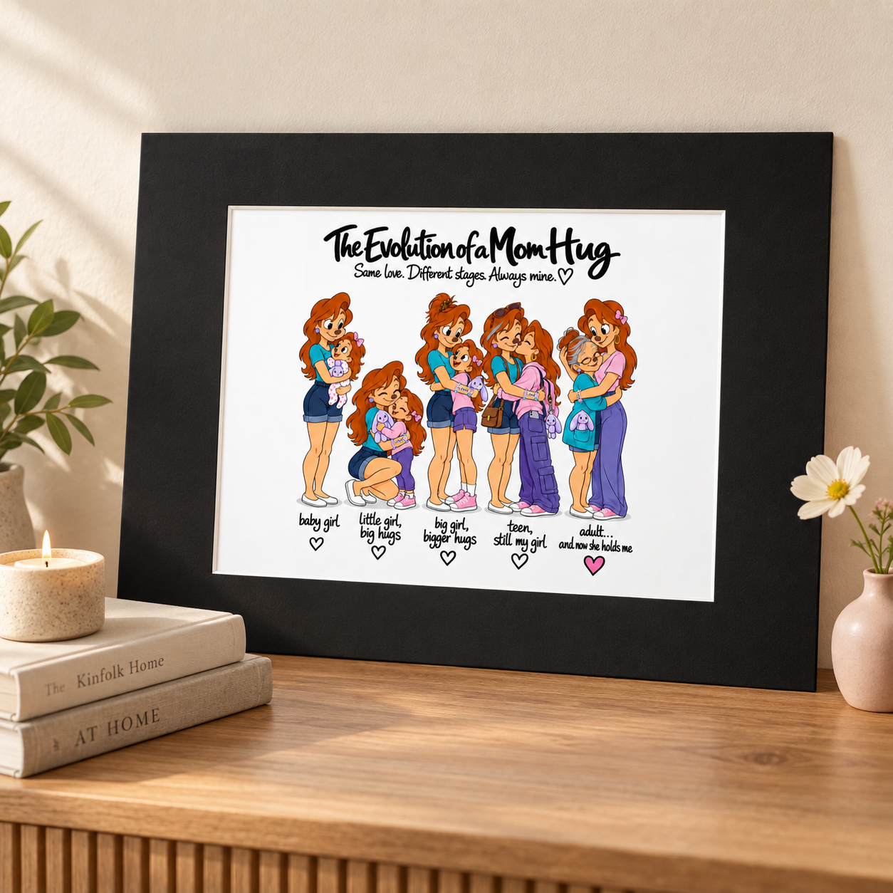 Mother daughter hug 16x20 wall art with black matte border displayed on wooden tabletop