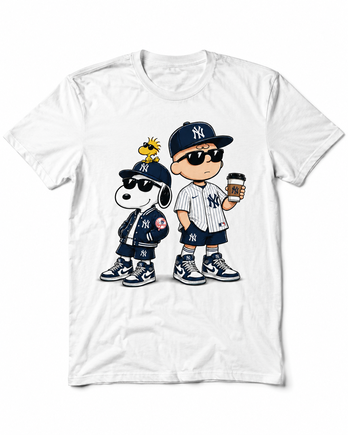 Navy pinstripe baseball fan duo graphic on white T-shirt
