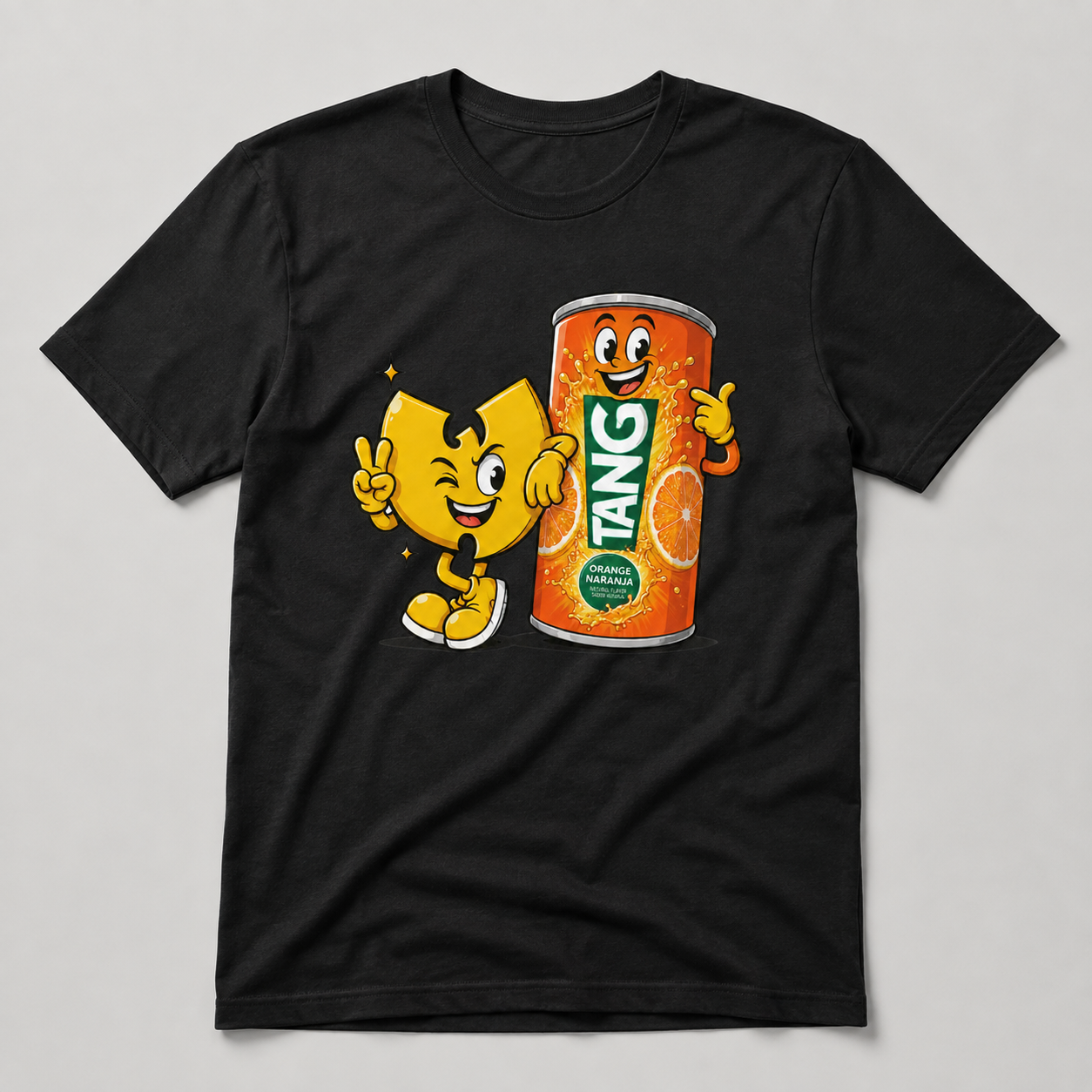 Orange drink hip-hop mascot graphic tee on a black shirt