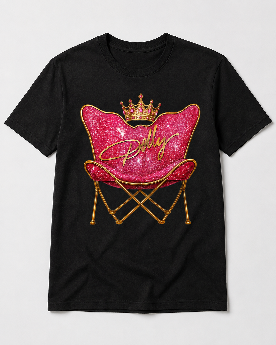 Pink glitter crown chair graphic printed on a black T-shirt