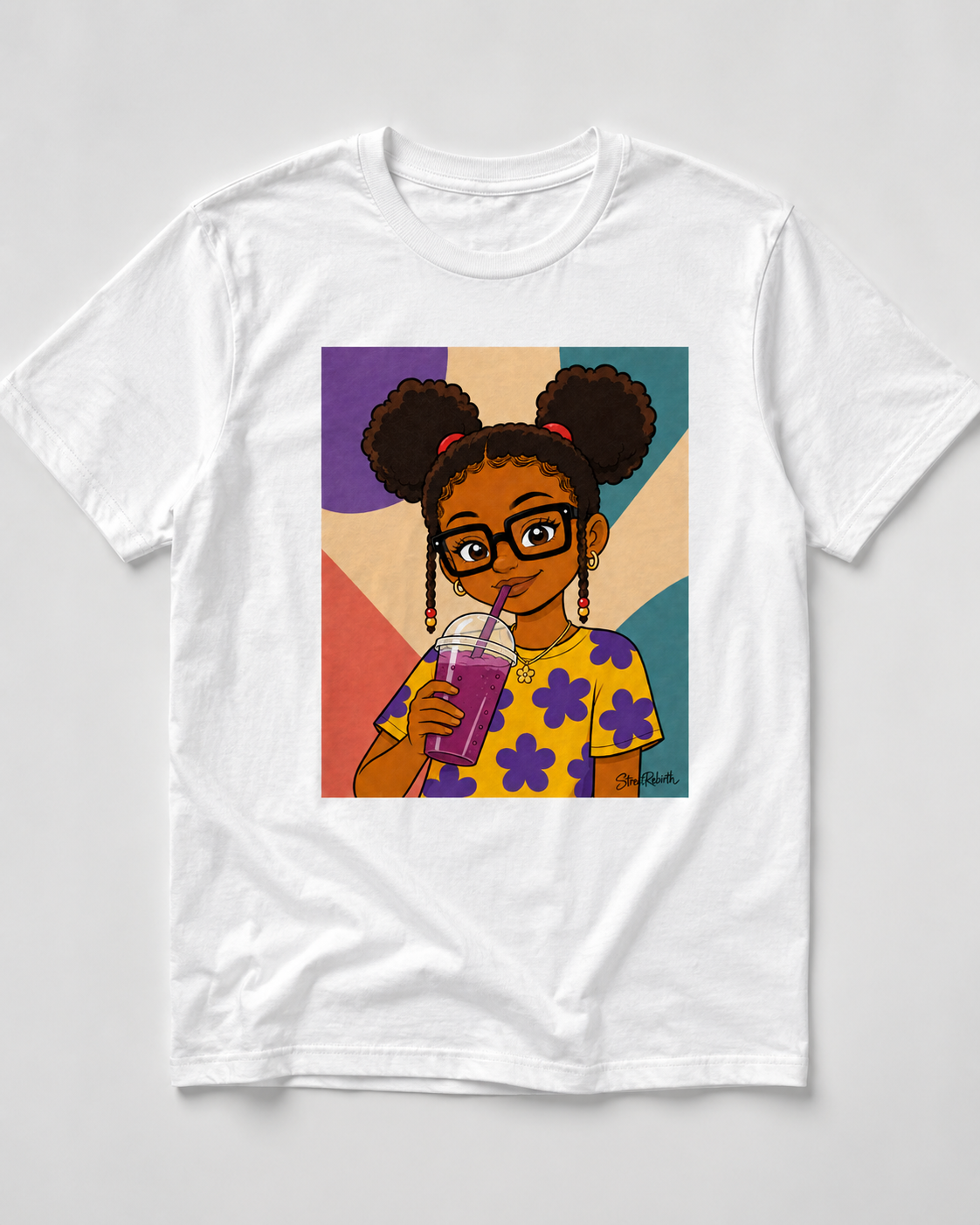 Purple smoothie afro puff Black girl portrait graphic on white t-shirt