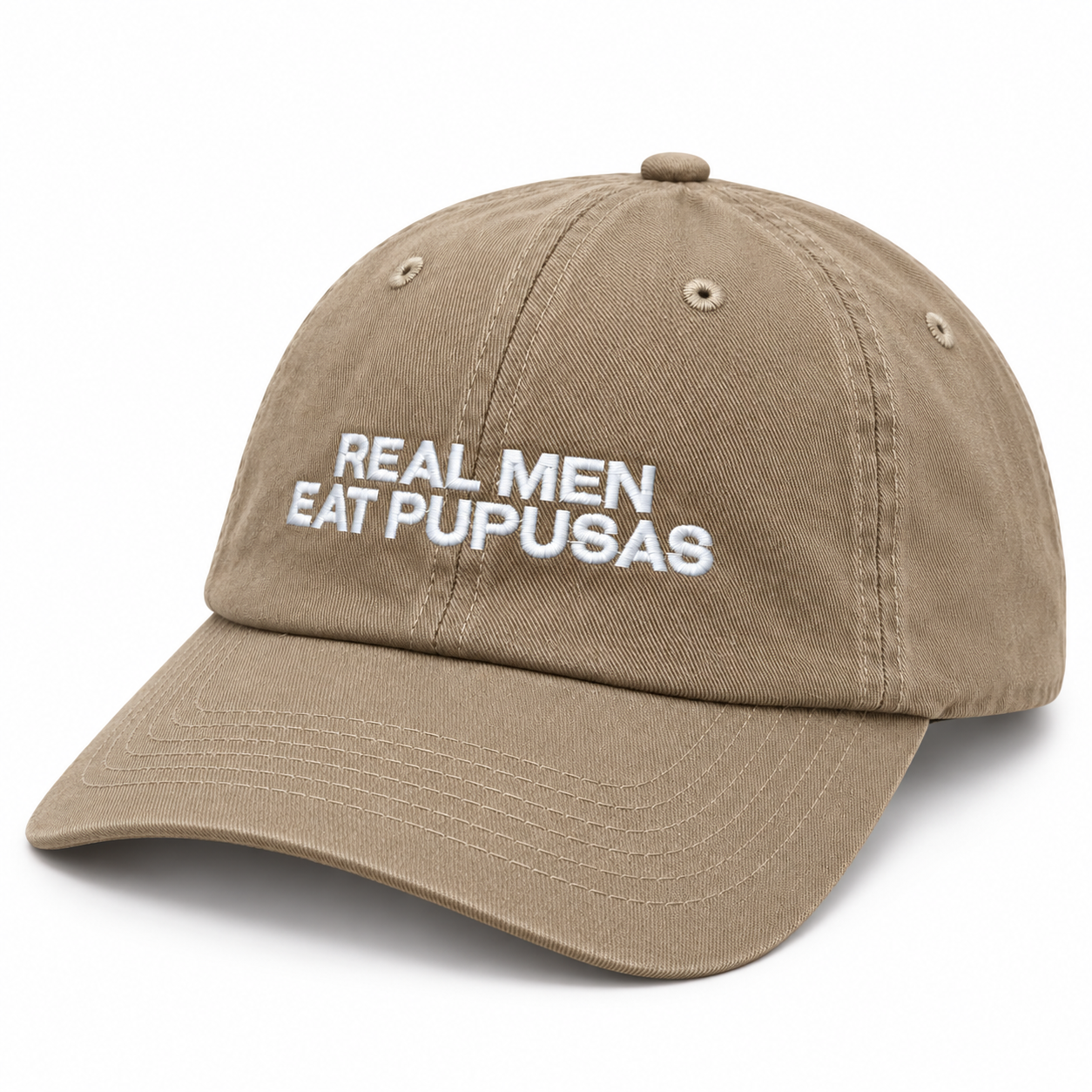 Left three-quarter view of the khaki Real Men Eat Pupusas embroidered dad hat with curved brim.