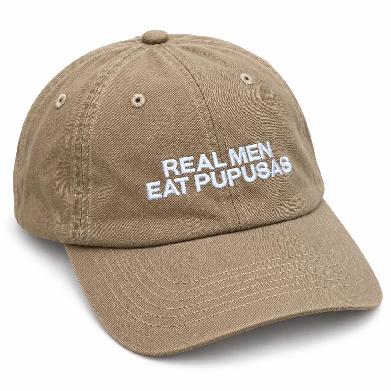Elevated right three-quarter view of the khaki Real Men Eat Pupusas dad hat on a white background.