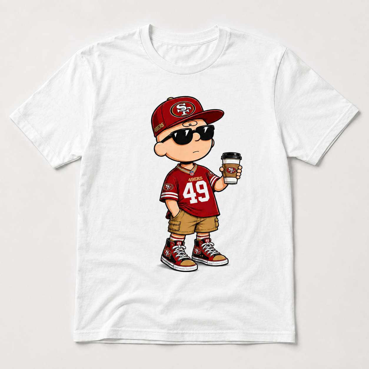 Red and gold football coffee fan graphic on white T-shirt