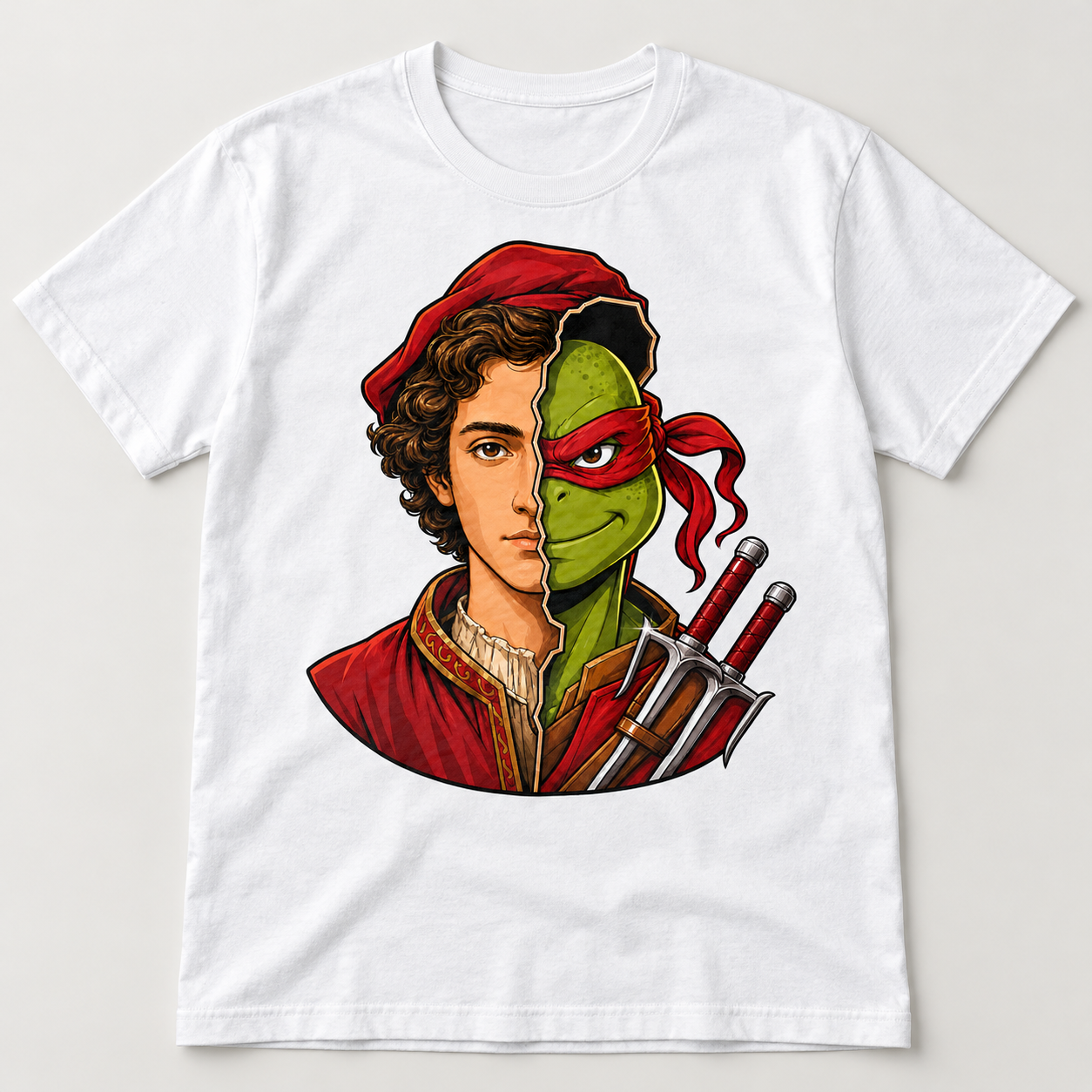 White graphic T-shirt with red-masked green ninja merged with a curly-haired Renaissance artist in red robes and twin sais