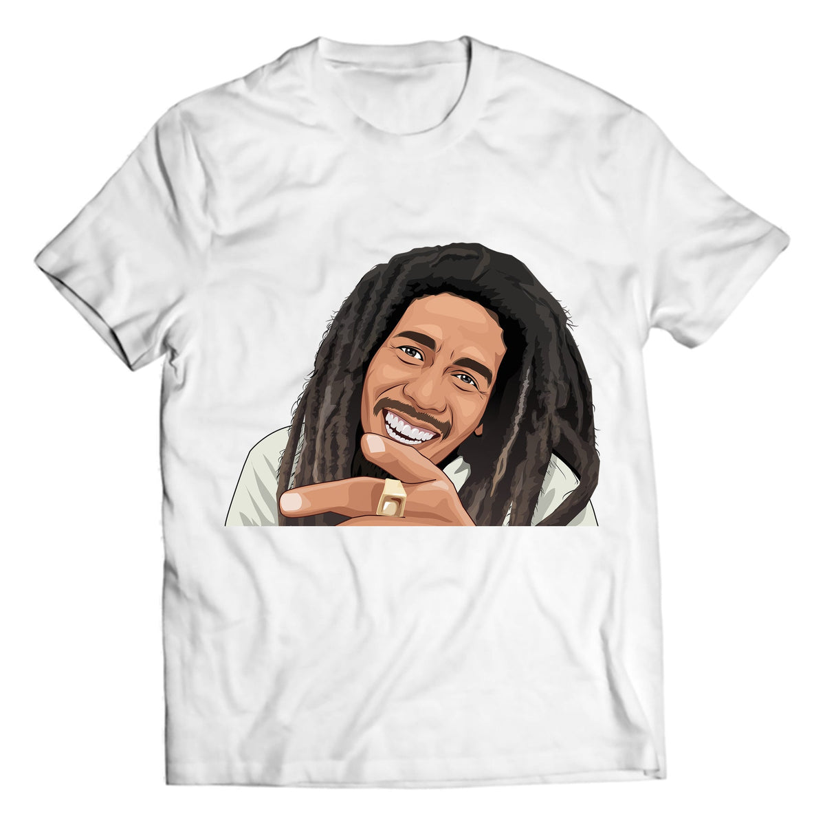 Smiling roots-music portrait with flowing dreadlocks on a white crewneck graphic T-shirt, studio flat-lay mockup