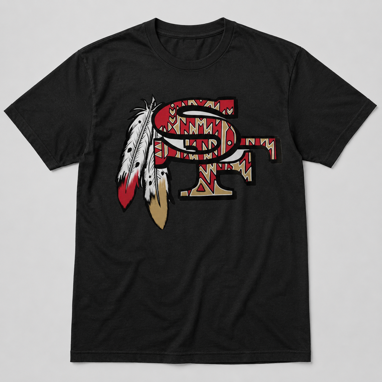 San Francisco football SF feather logo red and gold graphic on black shirt
