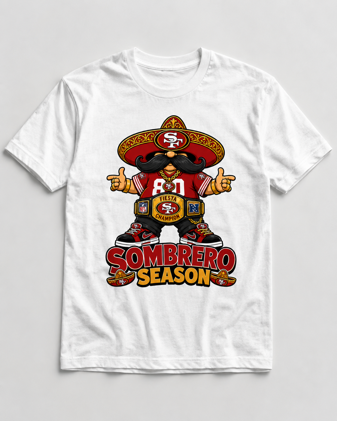 Sombrero Season red and gold Bay Area football graphic on white shirt