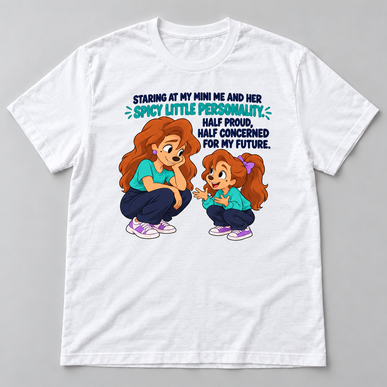 Black graphic T-shirt with cartoon mother and daughter and funny spicy little personality quote