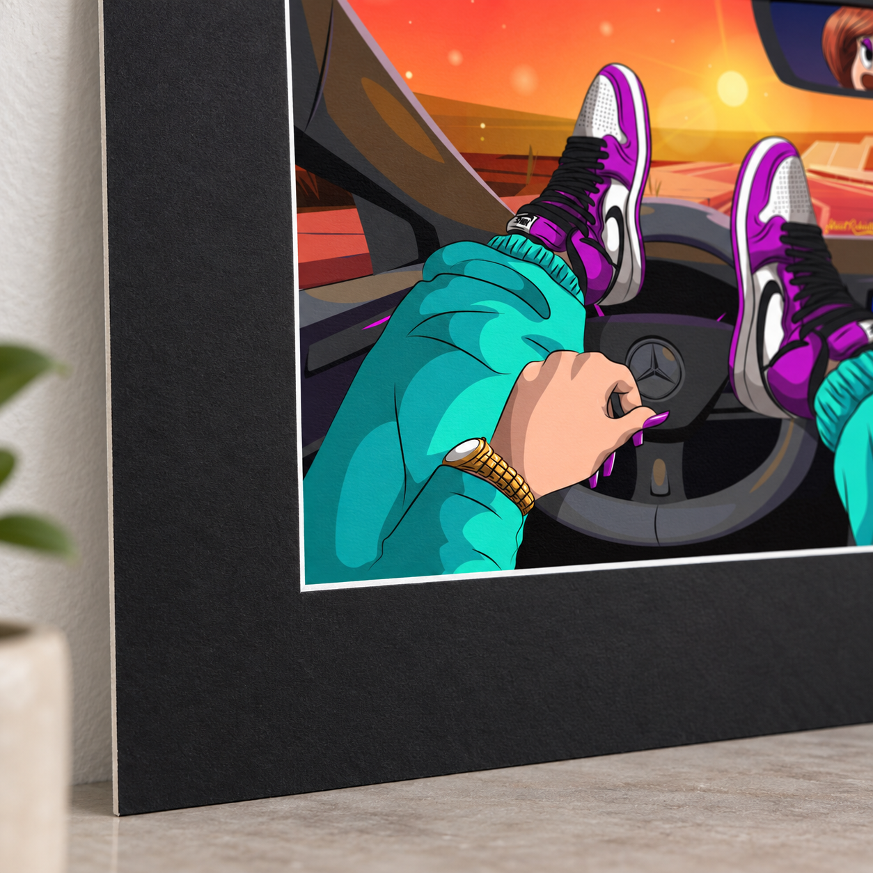Close-up of black matte border and retro sunset cartoon streetwear art print