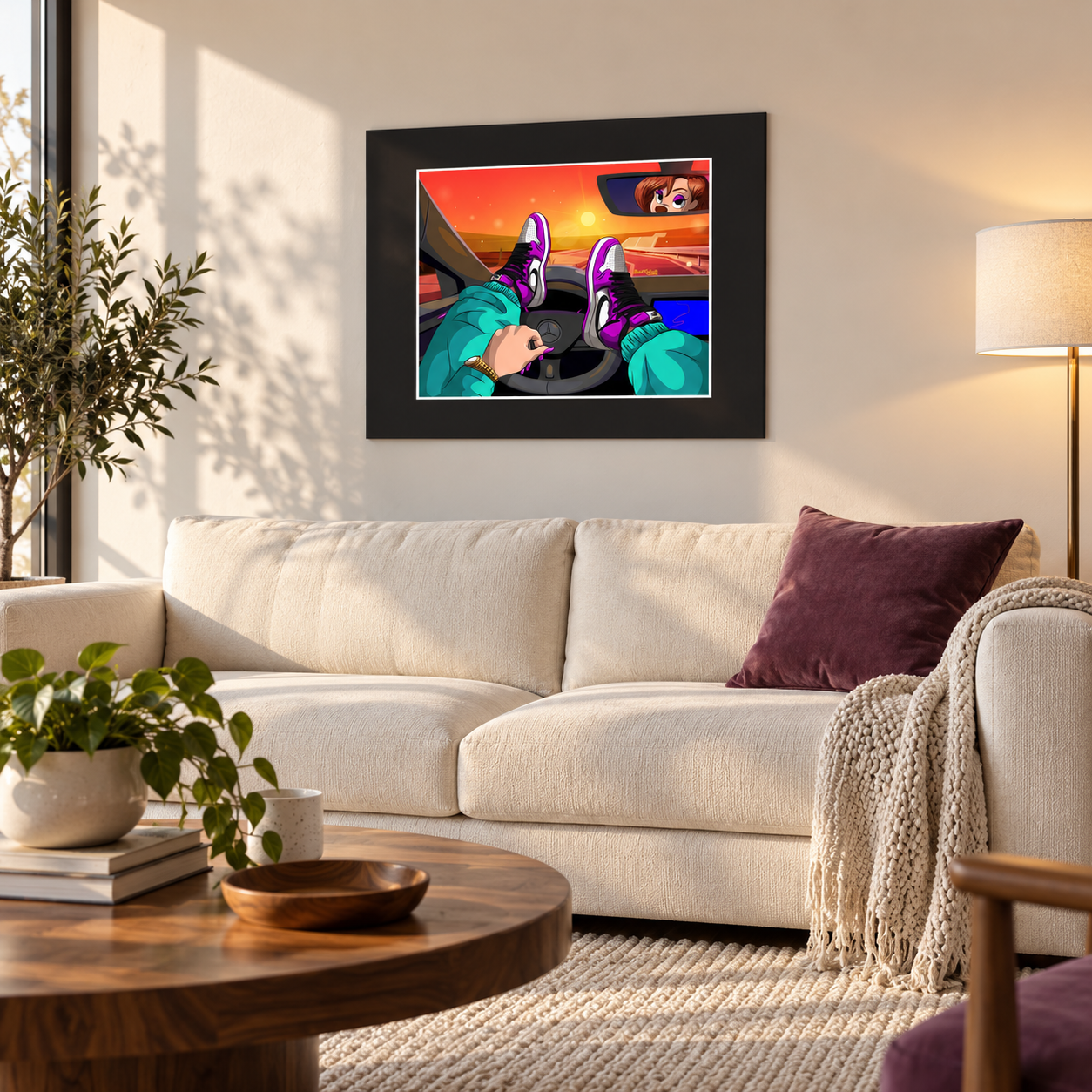 90s cartoon streetwear girl wall art displayed above cream sofa in modern living room