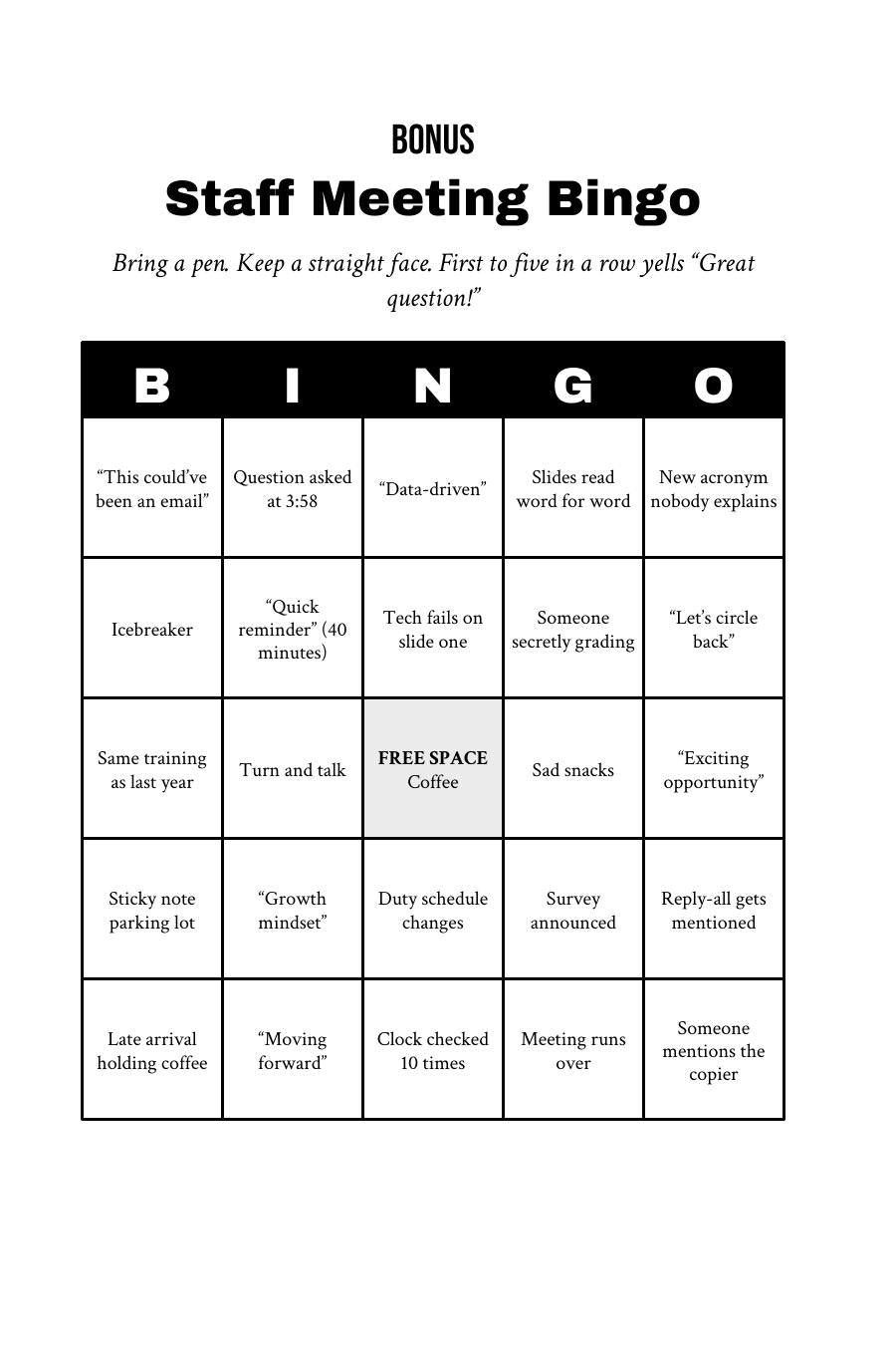 Staff Meeting Bingo bonus page from Things Teachers Can't Say Out Loud teacher humor ebook