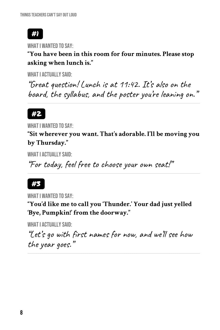 Sample pages showing what teachers wanted to say vs what they actually said in the funny teacher gift ebook