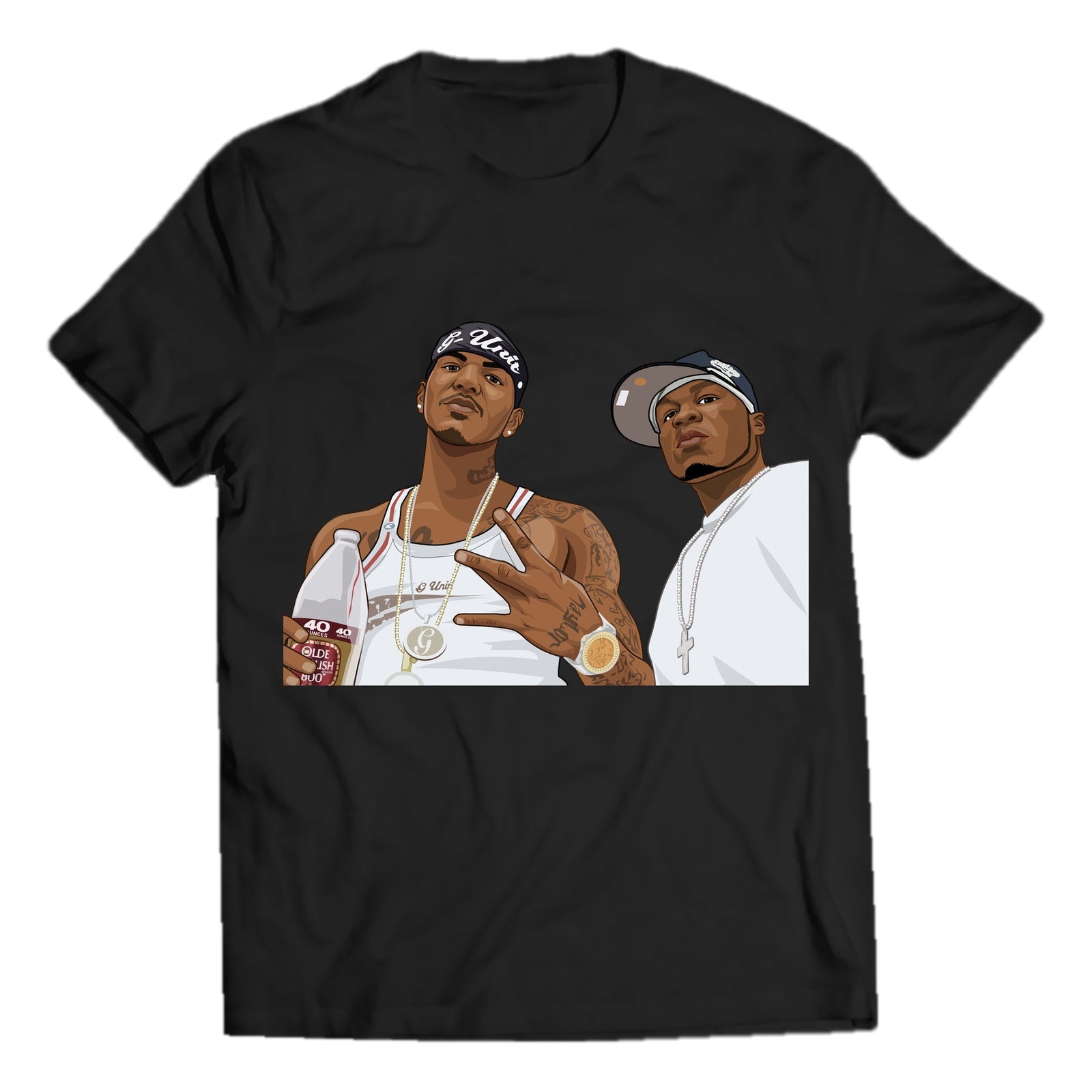 Throwback music duo artwork on black crewneck T-shirt with clean garment silhouette