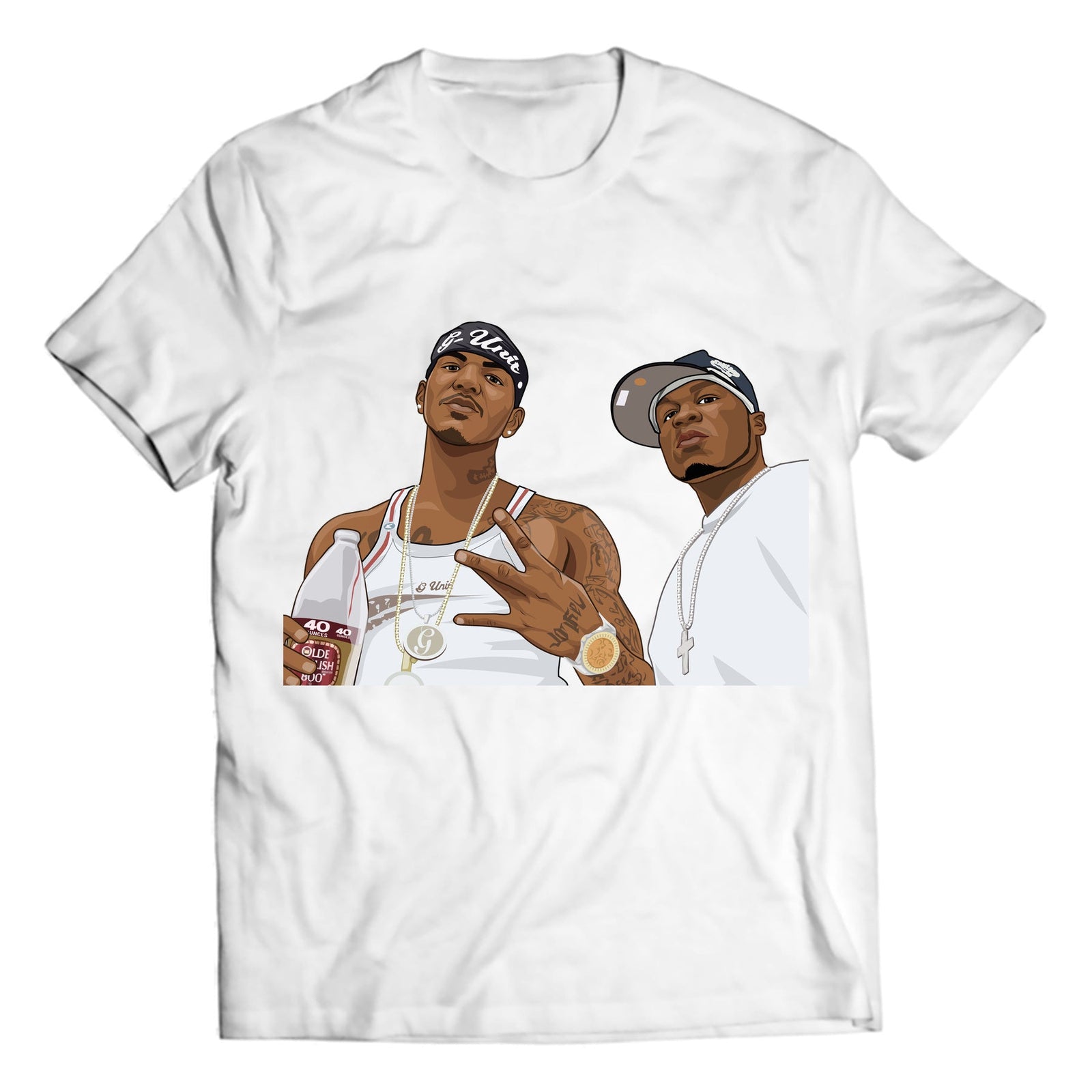 Early 2000s hip hop duo portrait with caps and jewelry on white crewneck graphic T-shirt, studio flat-lay mockup