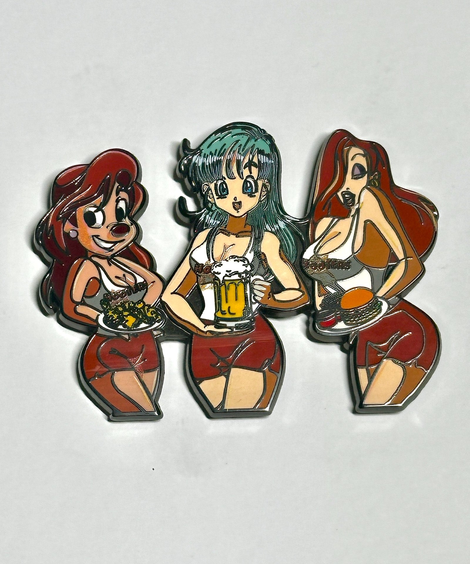 triple character retro restaurant mashup enamel pin close-up