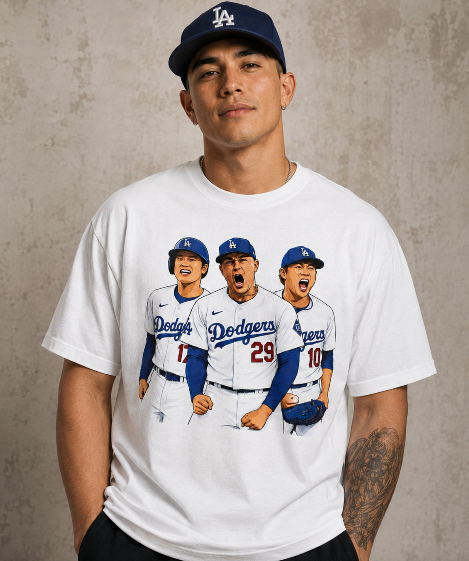 Male model wearing a white baseball trio graphic T shirt with a relaxed unisex fit.