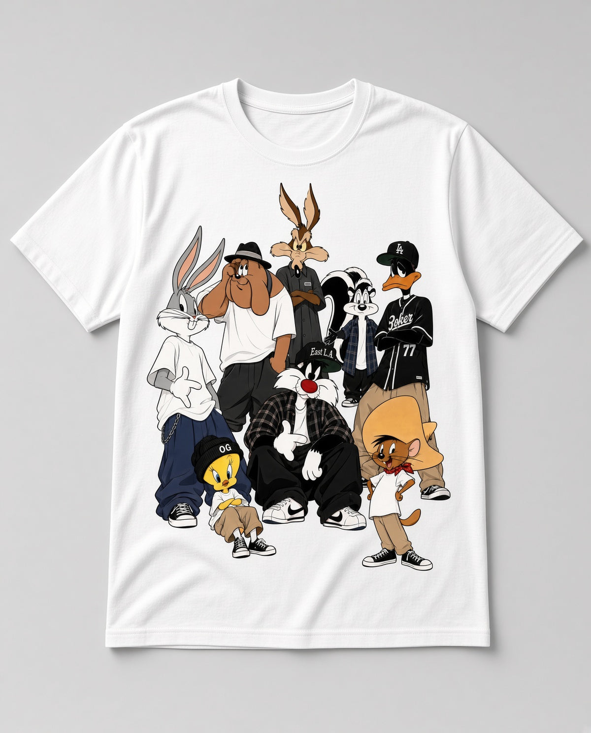 Example adult white graphic tee available for Wear and Share