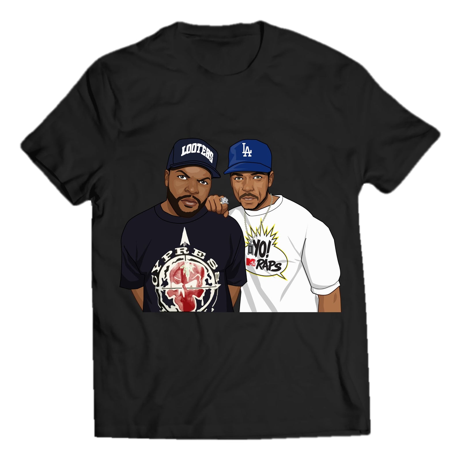 Vintage West Coast hip hop duo graphic on black crewneck shirt with smooth outer edges