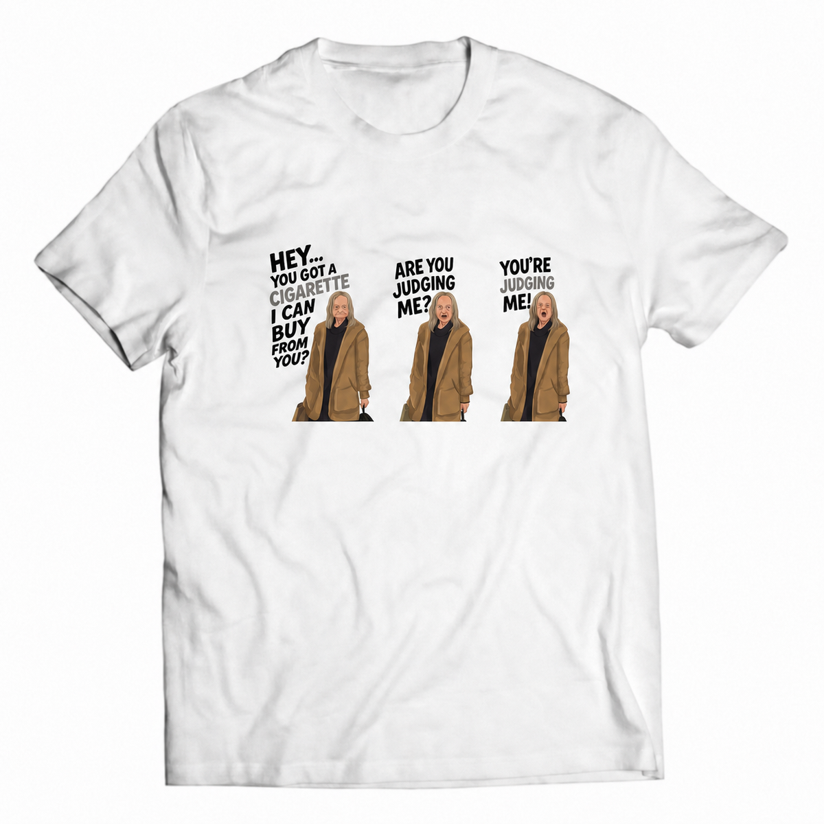White unisex graphic T-shirt featuring an original three-panel humorous reaction illustration