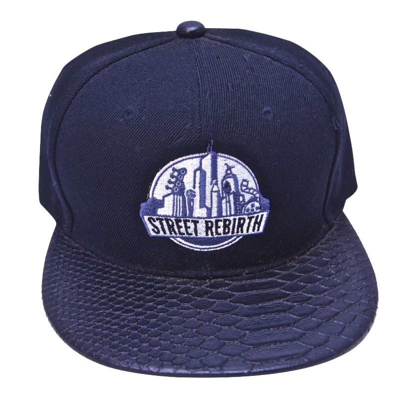Black snakeskin texture Street Rebirth hat with embroidered logo and Create Inspire Empower on the back