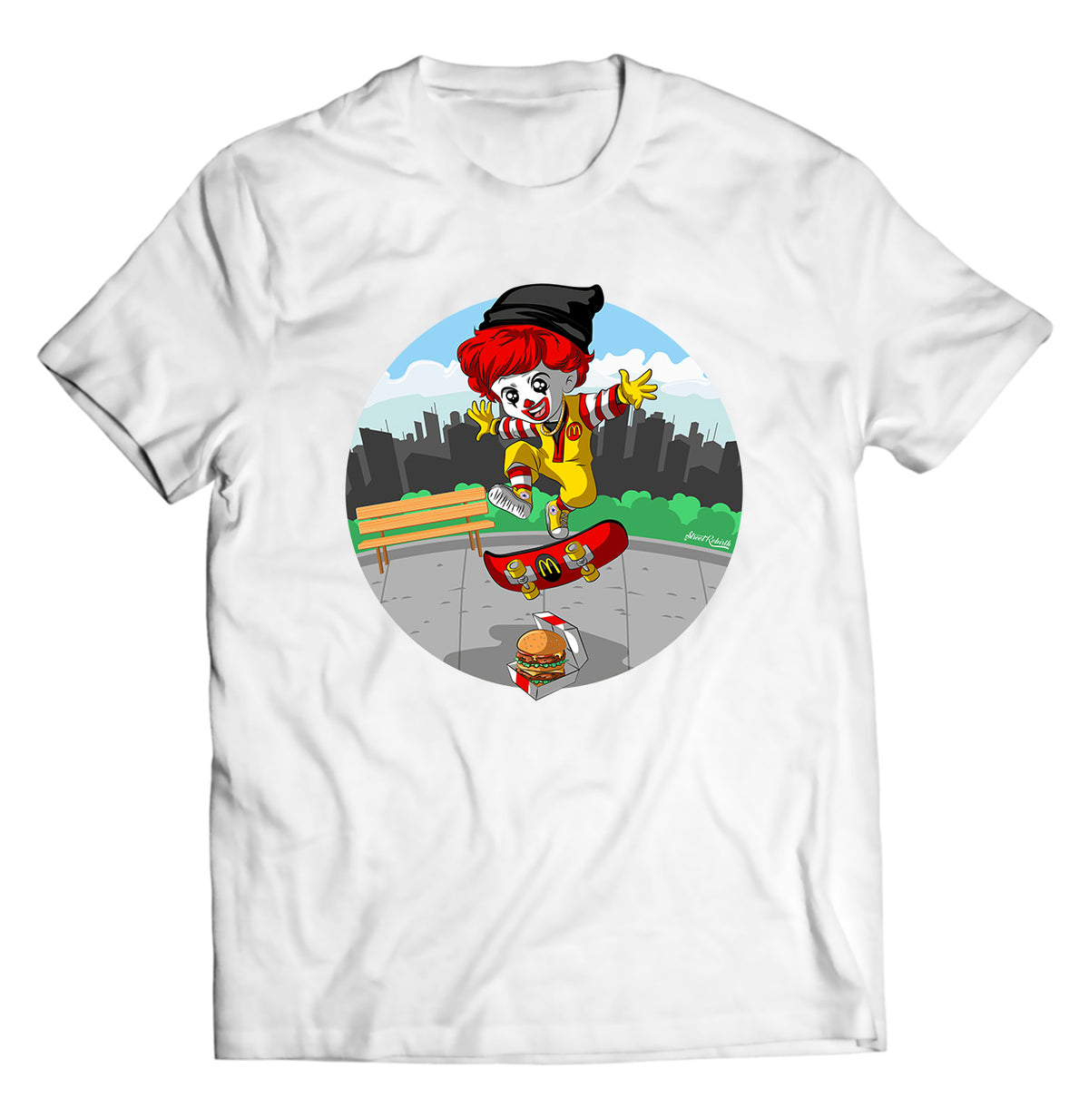 Unisex graphic T-shirt featuring an original skate culture food-themed humorous illustration