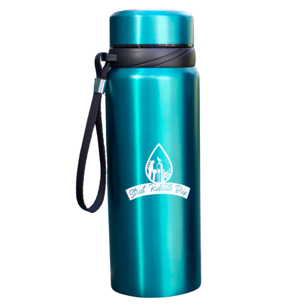 Reusable water bottle with an original colorful printed design, alternate product view