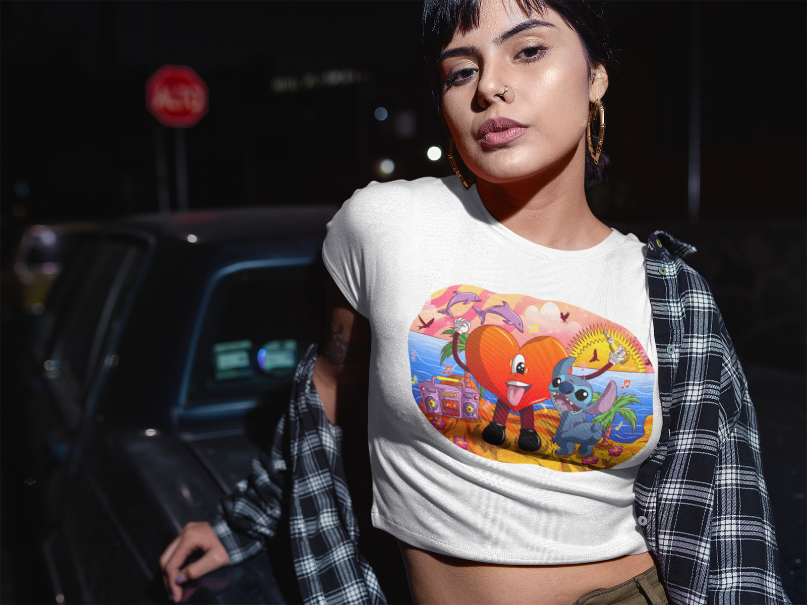Twerk Mode Activated – Bad Bunny Heart & Stitch Beach Party Shirt (Unisex Funny Graphic Tee, Latin Pop x Cartoon Collab)