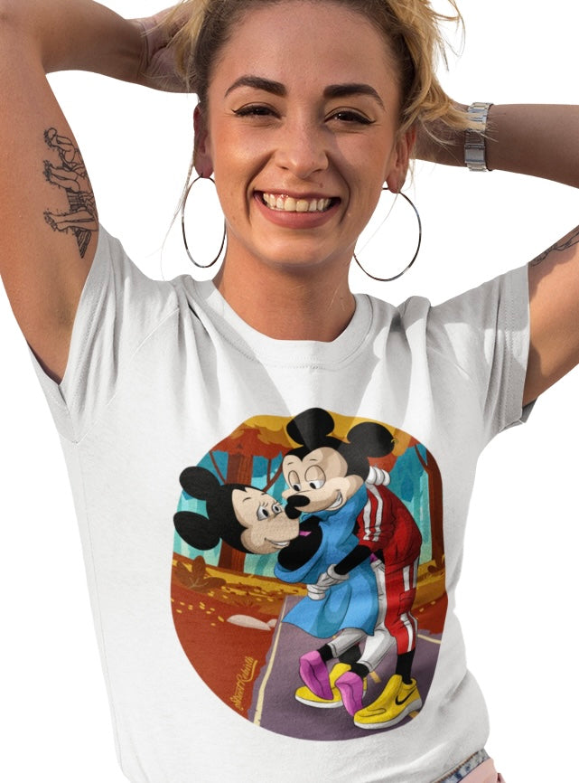 Autumn Love – Urban Mickey & Minnie Fall Park Shirt (Unisex Graphic Tee, Cozy Streetwear Couple Vibes)