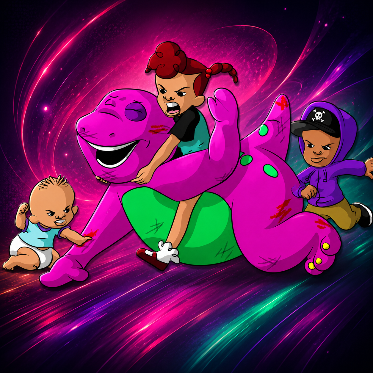 Retro 90s nostalgia cartoon artwork with colorful abstract background and throwback pop culture vibe