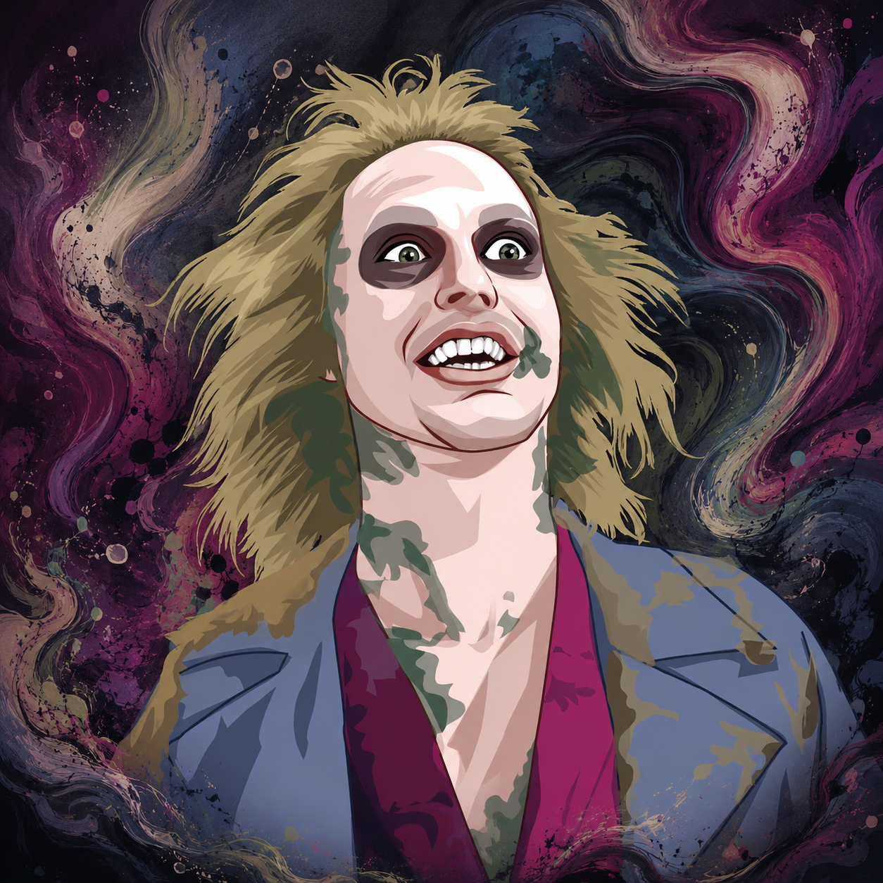 Horror themed cartoon artwork with dark dramatic colors, spooky energy, and bold illustrated details