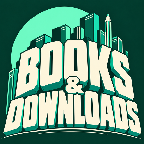 Books and Downloads in cream lettering with an emerald creative skyline