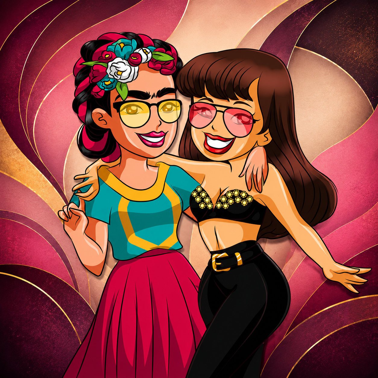 Latin cultura cartoon artwork with vibrant colors, floral details, and warm abstract background vibe