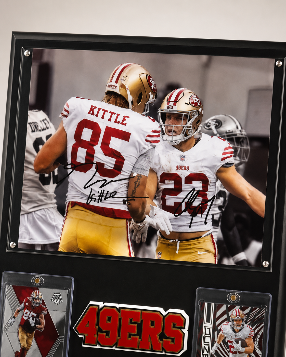 San Francisco 49ers George Kittle and Christian McCaffrey Handmade Sports Plaque With Collector Cards