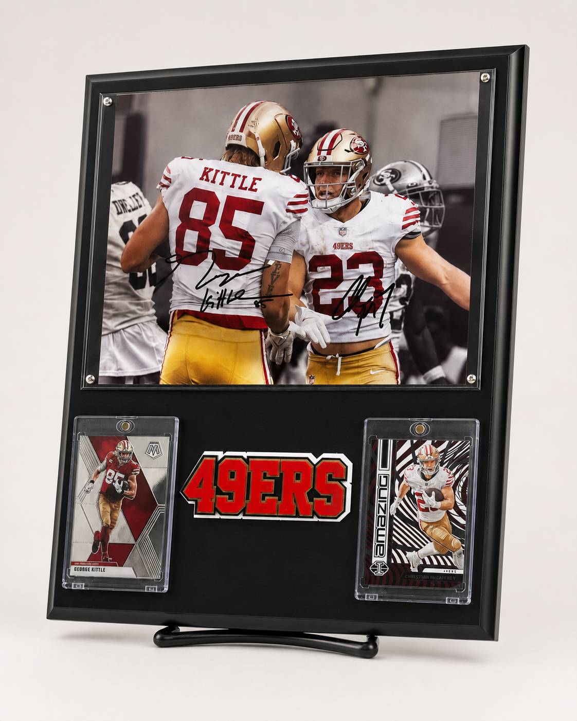 San Francisco 49ers George Kittle and Christian McCaffrey Handmade Sports Plaque With Collector Cards