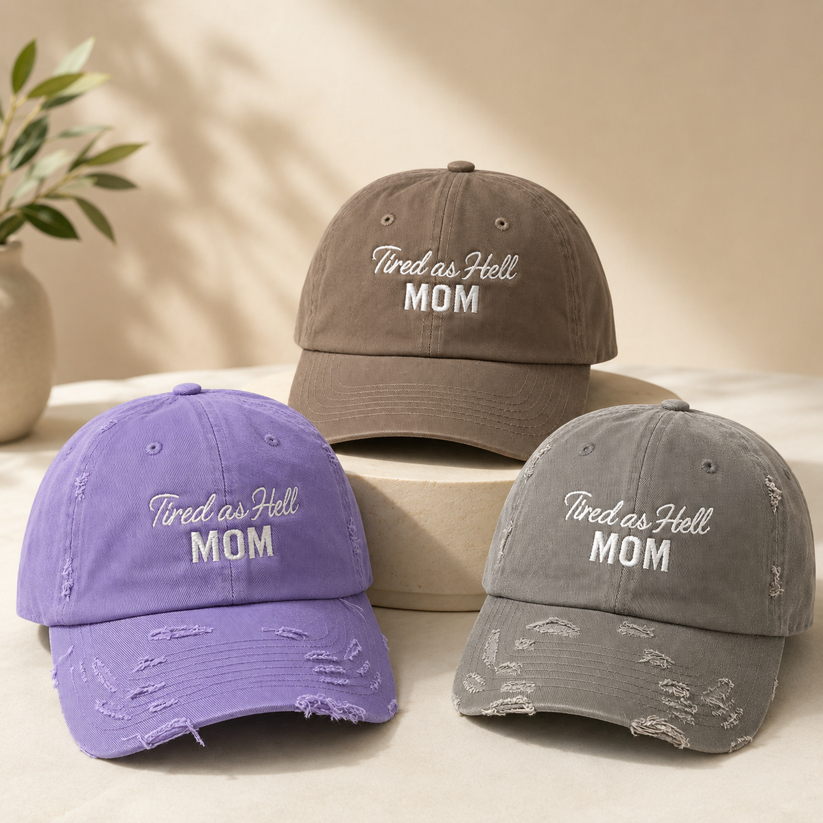 Tired as Hell Mom Hat, Washed Gray Distressed Mom Dad Hat, Funny Embroidered Baseball Cap Gift for Busy Mothers