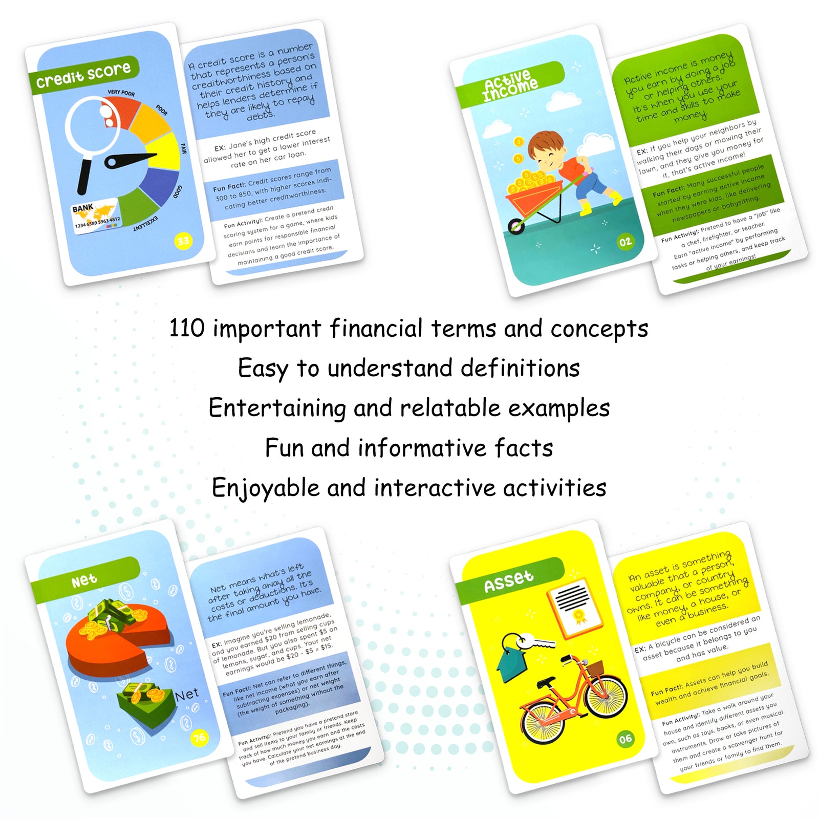 110 Financial Literacy Flash Cards for Kids & All Ages - Money Management, Budgeting, Savings, & Investment Skills - Educational Tool for Entrepreneurial Success, Cash Flow & Economic Empowerment