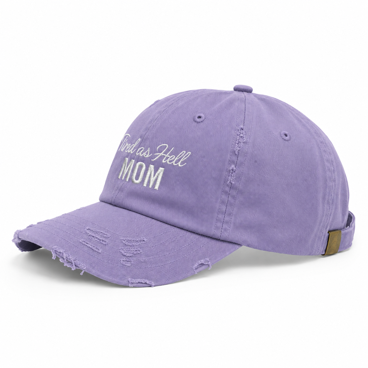 Tired as Hell Mom Hat, Lavender Purple Distressed Mom Dad Hat, Funny Embroidered Motherhood Baseball Cap for Tired Moms