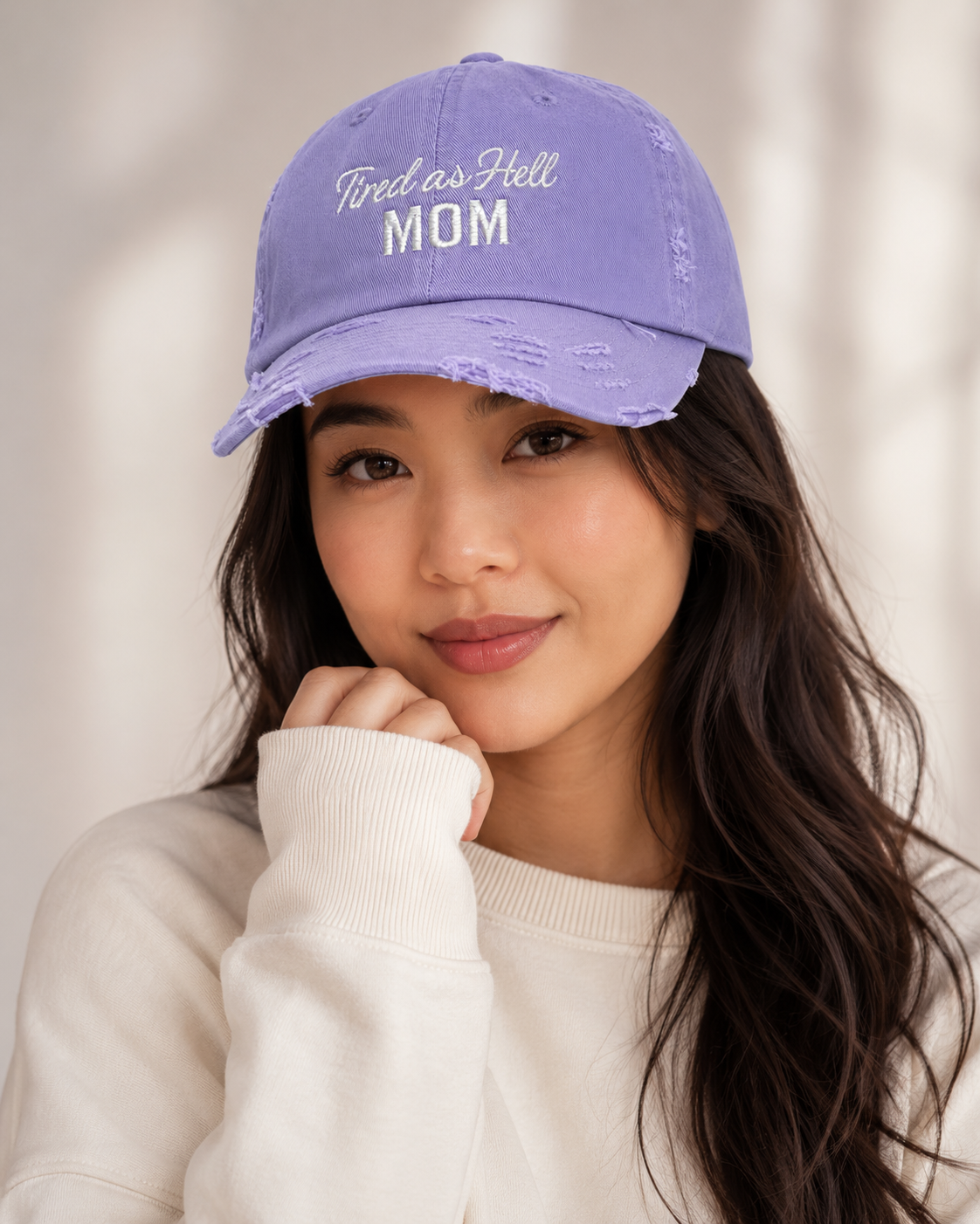Tired as Hell Mom Hat, Lavender Purple Distressed Mom Dad Hat, Funny Embroidered Motherhood Baseball Cap for Tired Moms