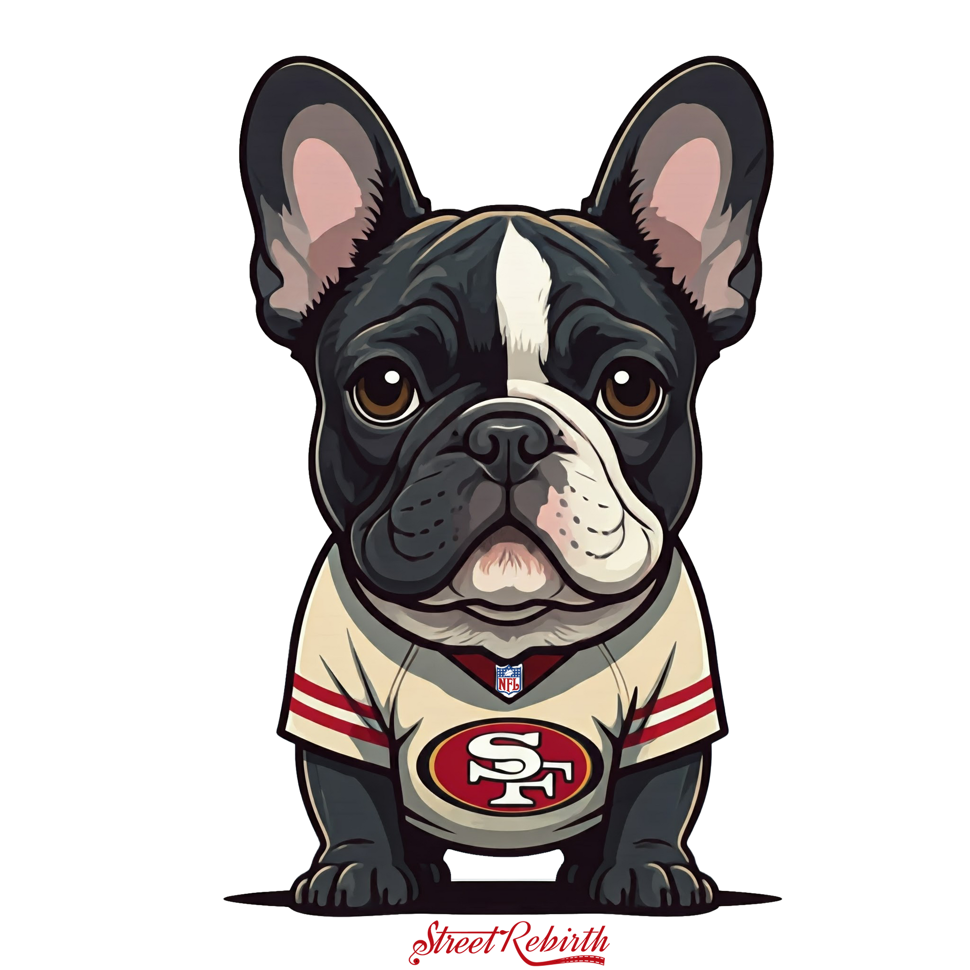 French Bulldog 49ers Sticker – One 4 Inch Water Proof Vinyl Sticker – For Hydro Flask, Skateboard, Laptop, Planner, Car, Collecting, Gifting