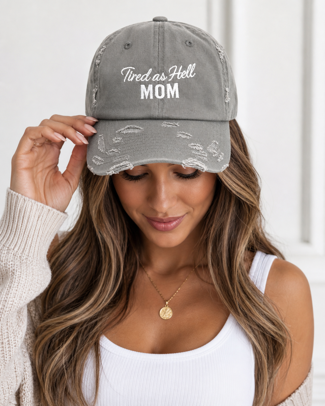 Tired as Hell Mom Hat, Washed Gray Distressed Mom Dad Hat, Funny Embroidered Baseball Cap Gift for Busy Mothers